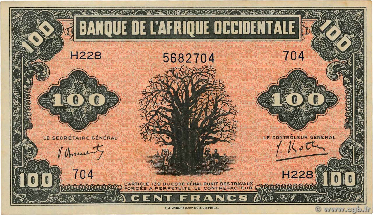 100 Francs FRENCH WEST AFRICA  1942 P.31a VF+