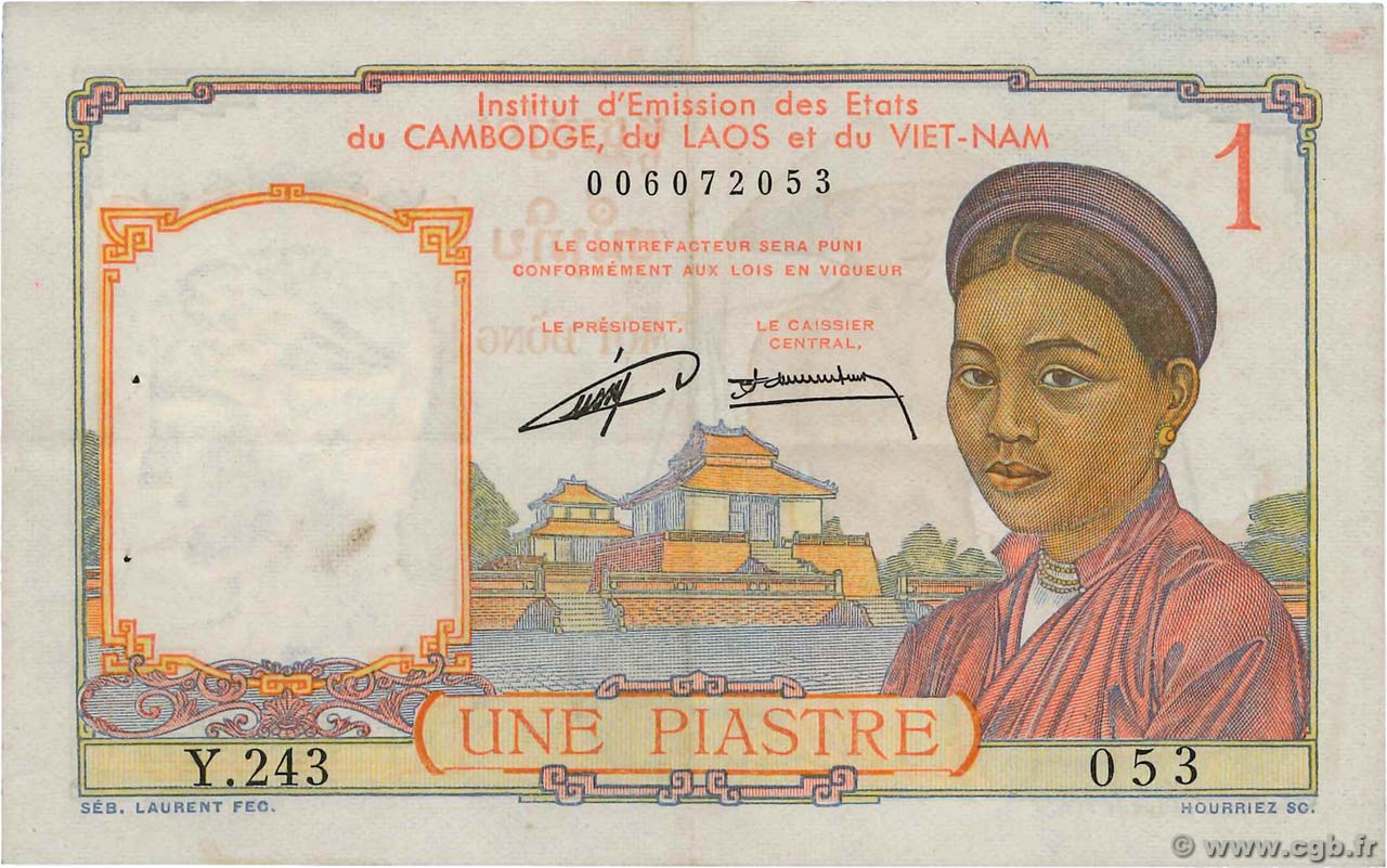 1 Piastre FRENCH INDOCHINA  1953 P.092 VF+