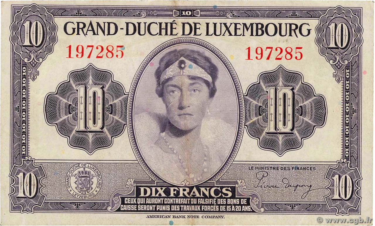 10 Francs LUSSEMBURGO  1944 P.44a BB
