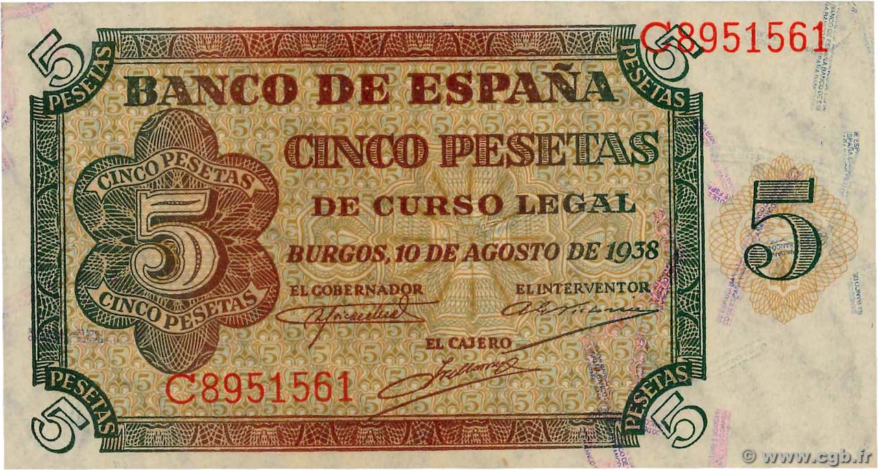 5 Pesetas SPAIN  1938 P.110a UNC