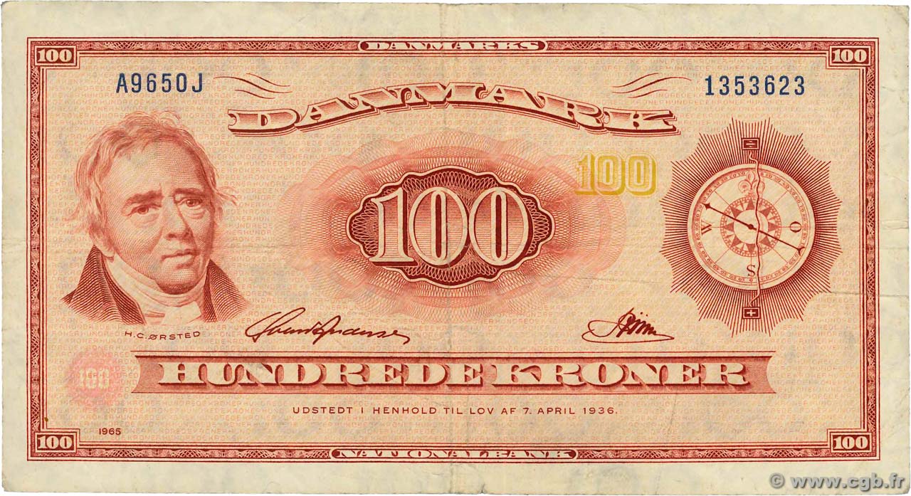 100 Kroner DANEMARK  1965 P.046r4 TB