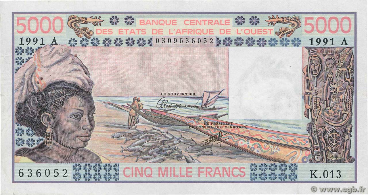 5000 Francs WEST AFRICAN STATES  1991 P.108Ar VF