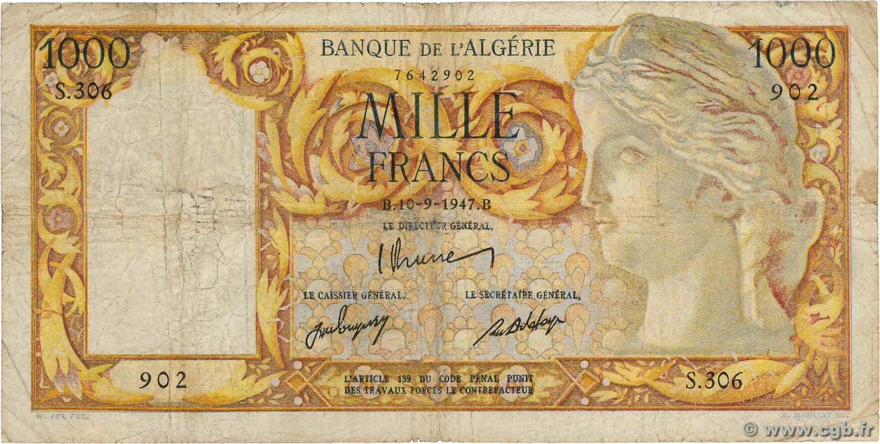 1000 Francs ALGÉRIE  1947 P.104 pr.TB
