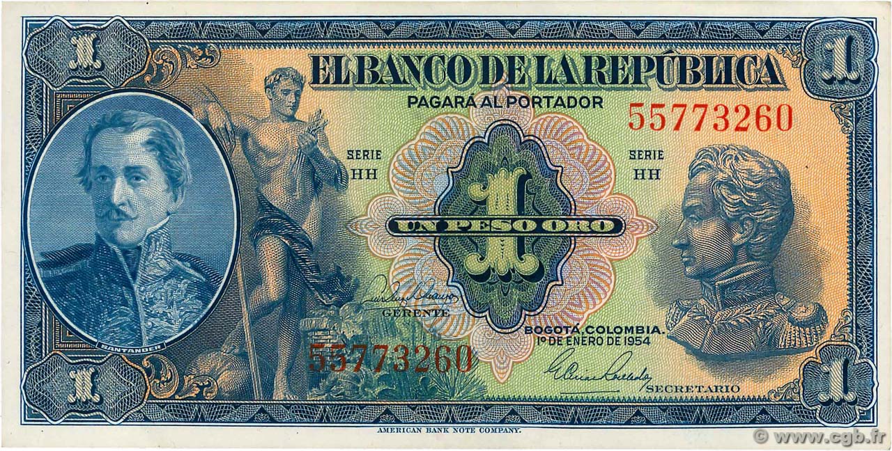 1 Peso Oro COLOMBIE  1954 P.380g SPL