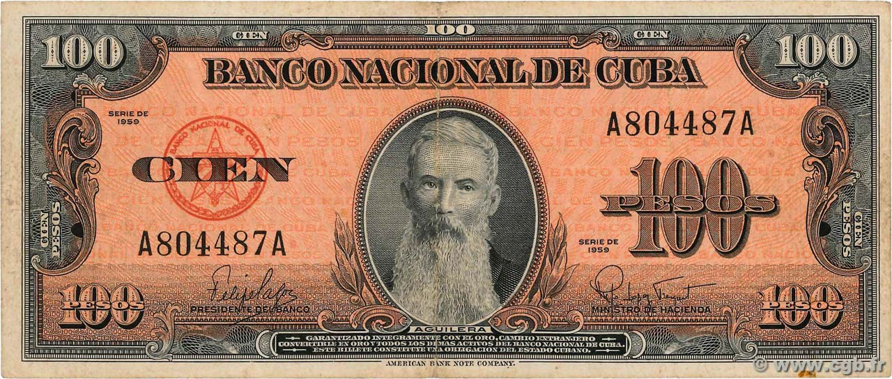 100 Pesos CUBA  1959 P.093a TTB