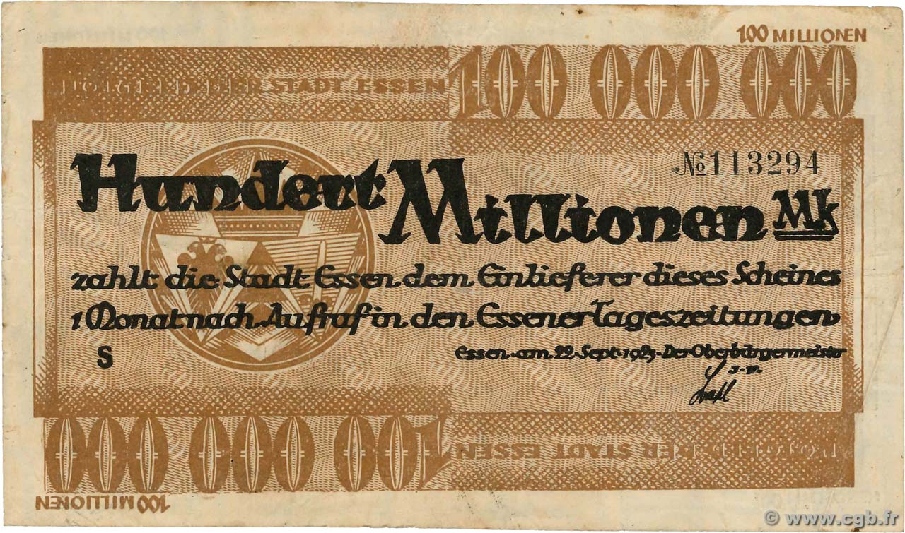 100 Millions Mark ALLEMAGNE Essen 1923  TTB