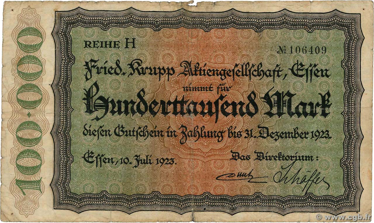 100000 Mark DEUTSCHLAND Essen 1923  S