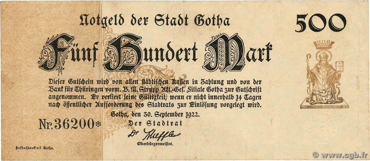 500 Mark ALLEMAGNE Gotha 1922  TTB