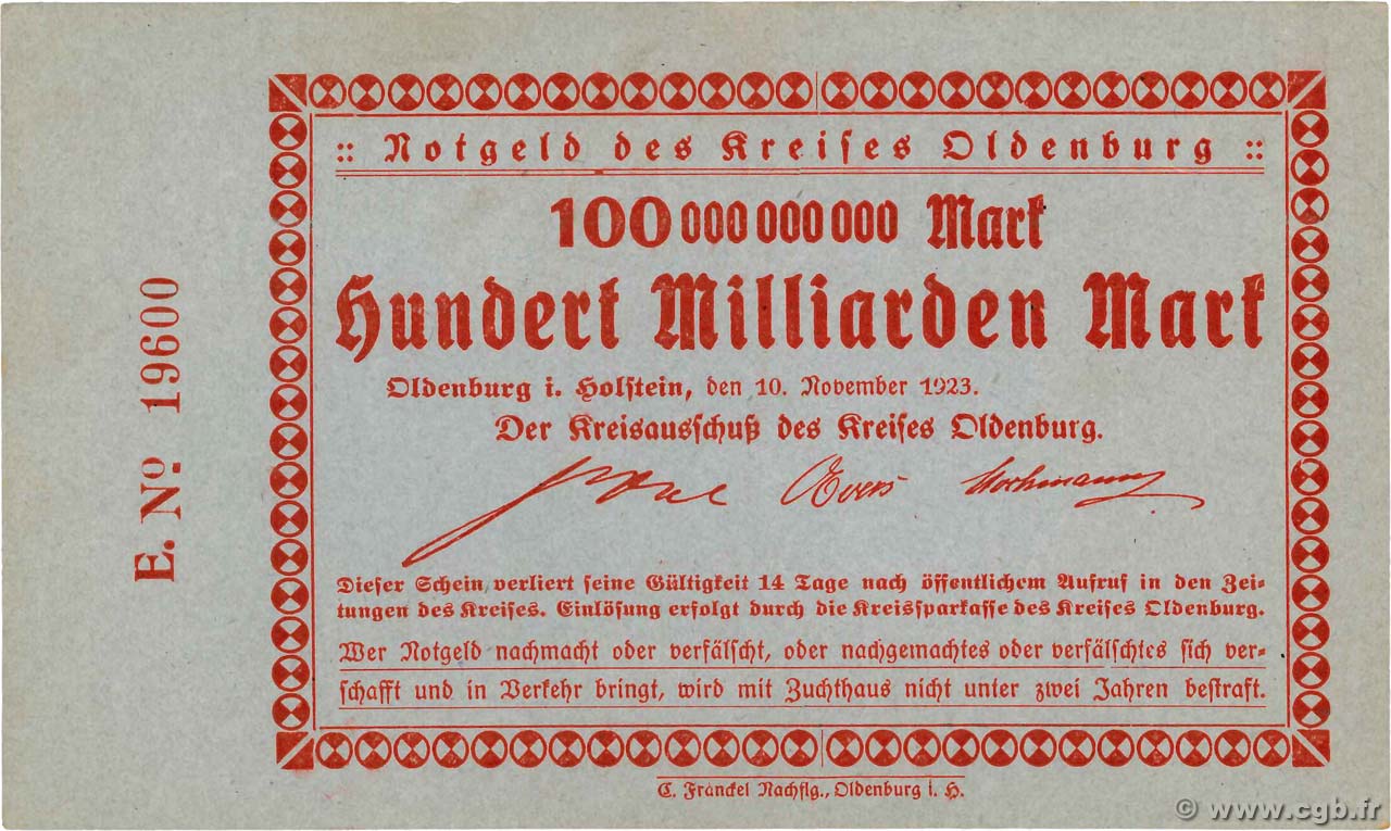 100 Milliards Mark GERMANIA Oldenburg 1923  q.FDC