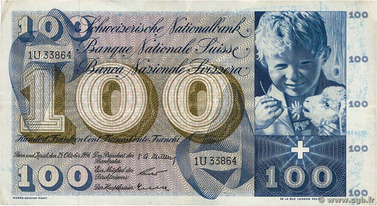 100 Francs SUISSE  1956 P.49a fVZ