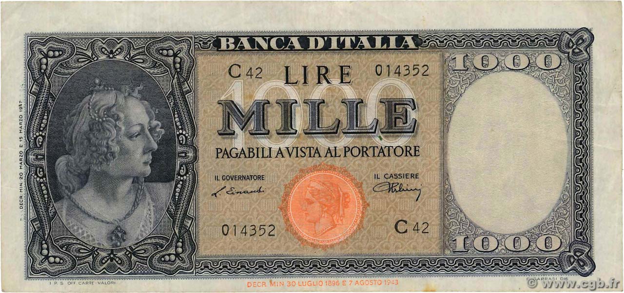 1000 Lire ITALIA  1947 P.082 BC