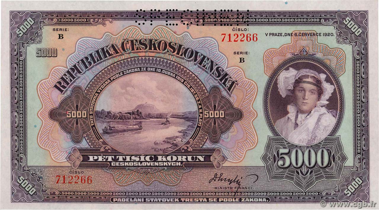 5000 Korun Spécimen CECOSLOVACCHIA  1920 P.019s AU