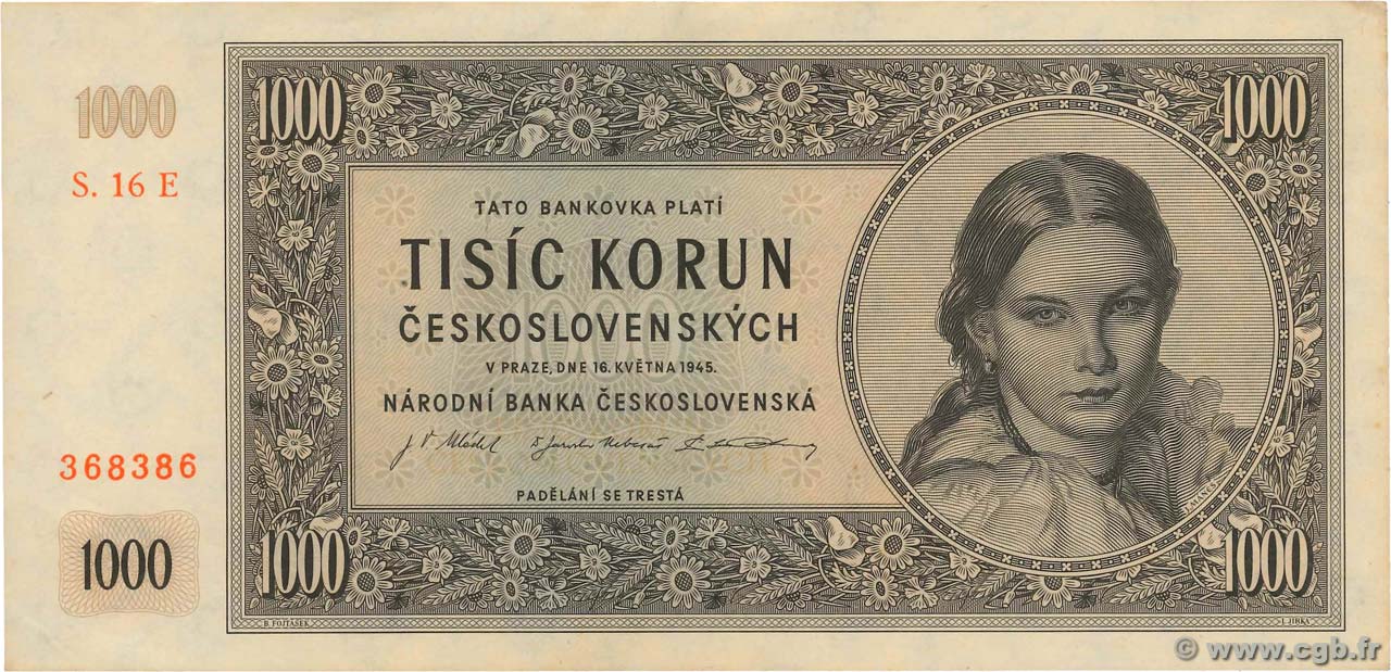 1000 Korun CZECHOSLOVAKIA  1945 P.074d AU-