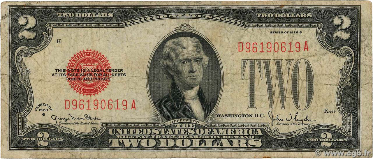 2 Dollars UNITED STATES OF AMERICA  1928 P.378g VG