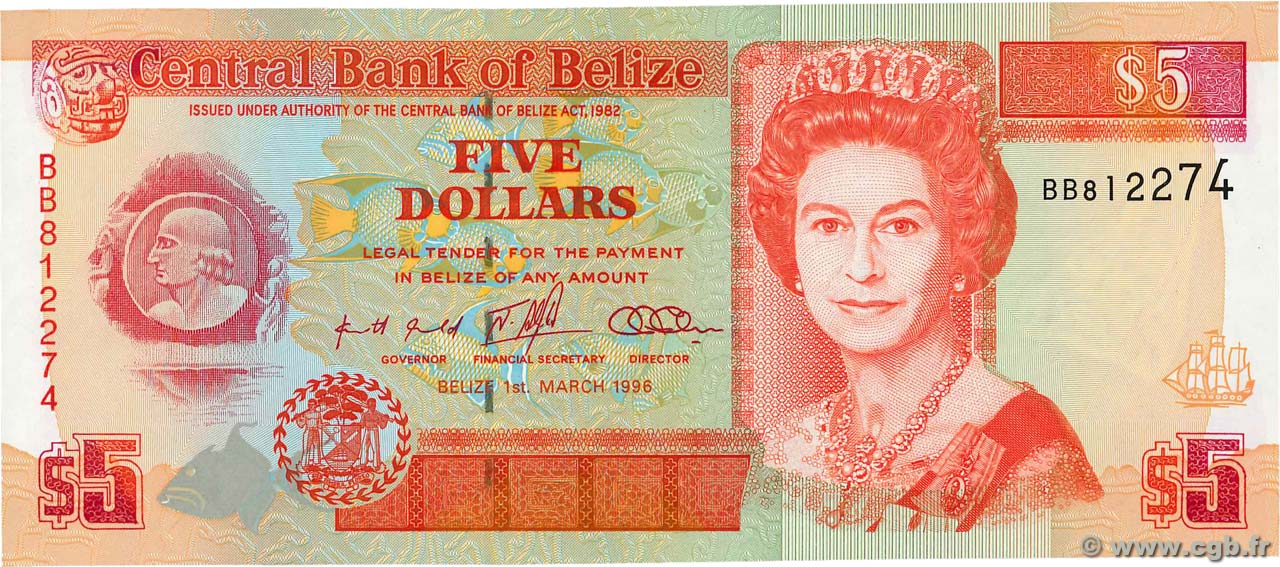 5 Dollars BELIZE 1996 P.58 b92_3325 Banknotes