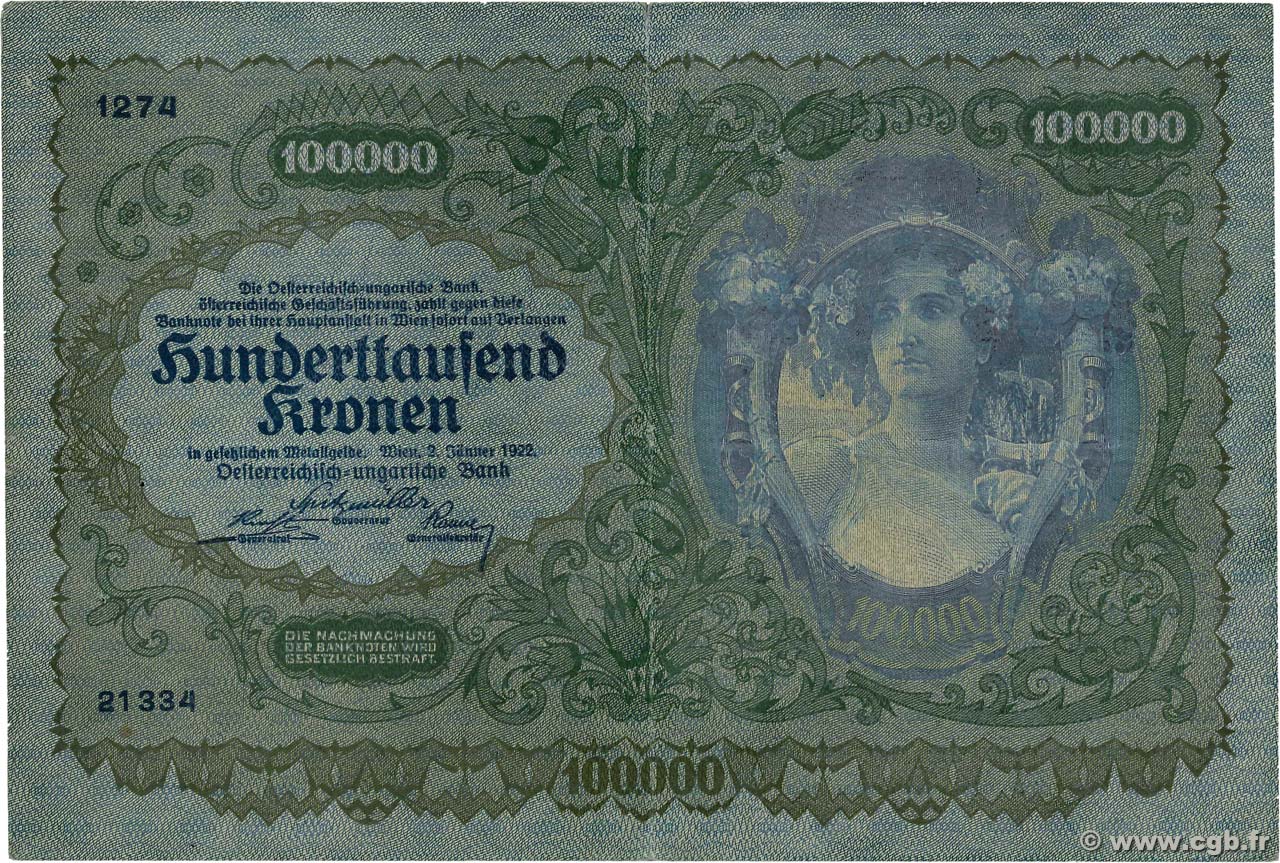 100000 Kronen AUSTRIA  1922 P.081 VF