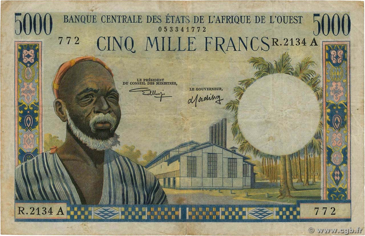 5000 Francs STATI AMERICANI AFRICANI  1973 P.104Ai q.BB