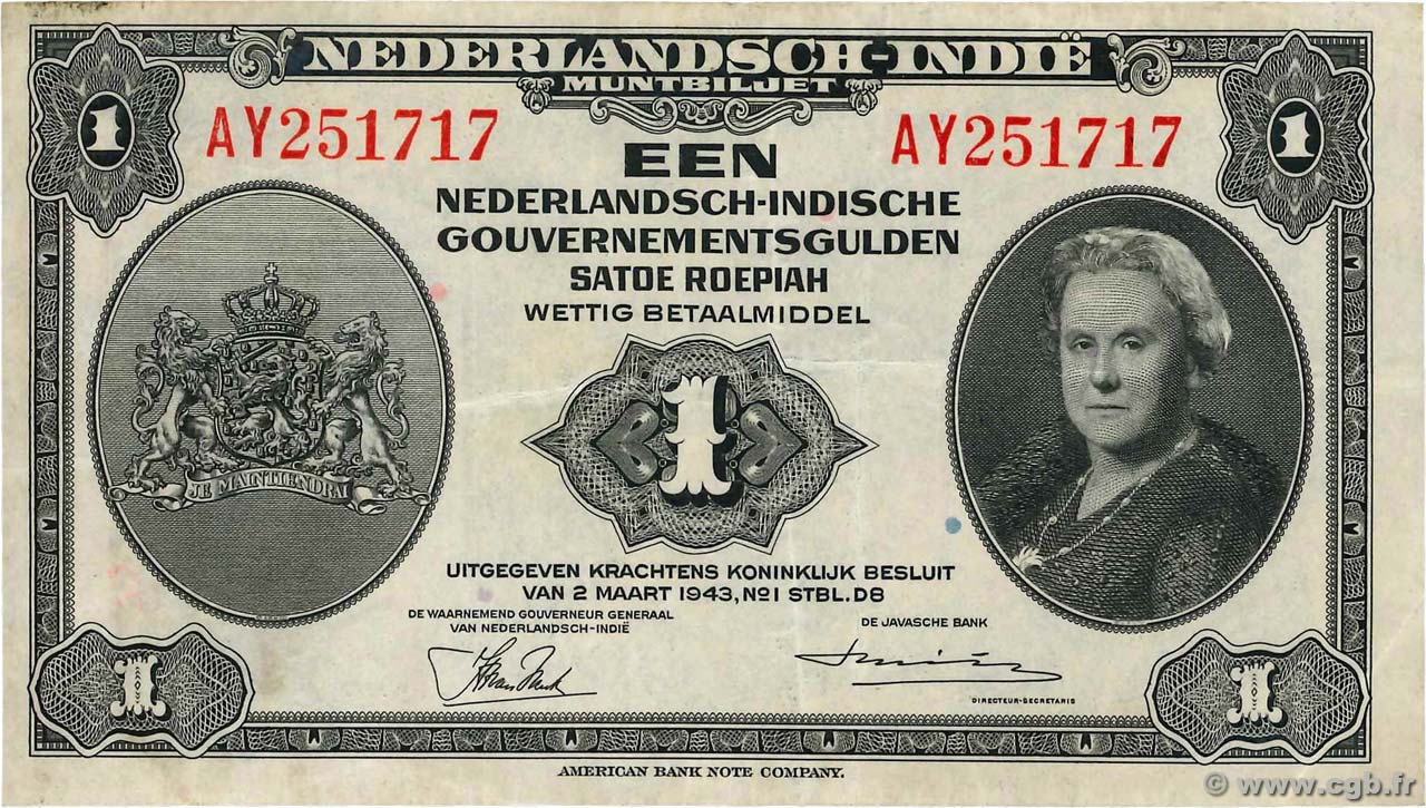 1 Gulden NETHERLANDS INDIES  1943 P.111a VF+