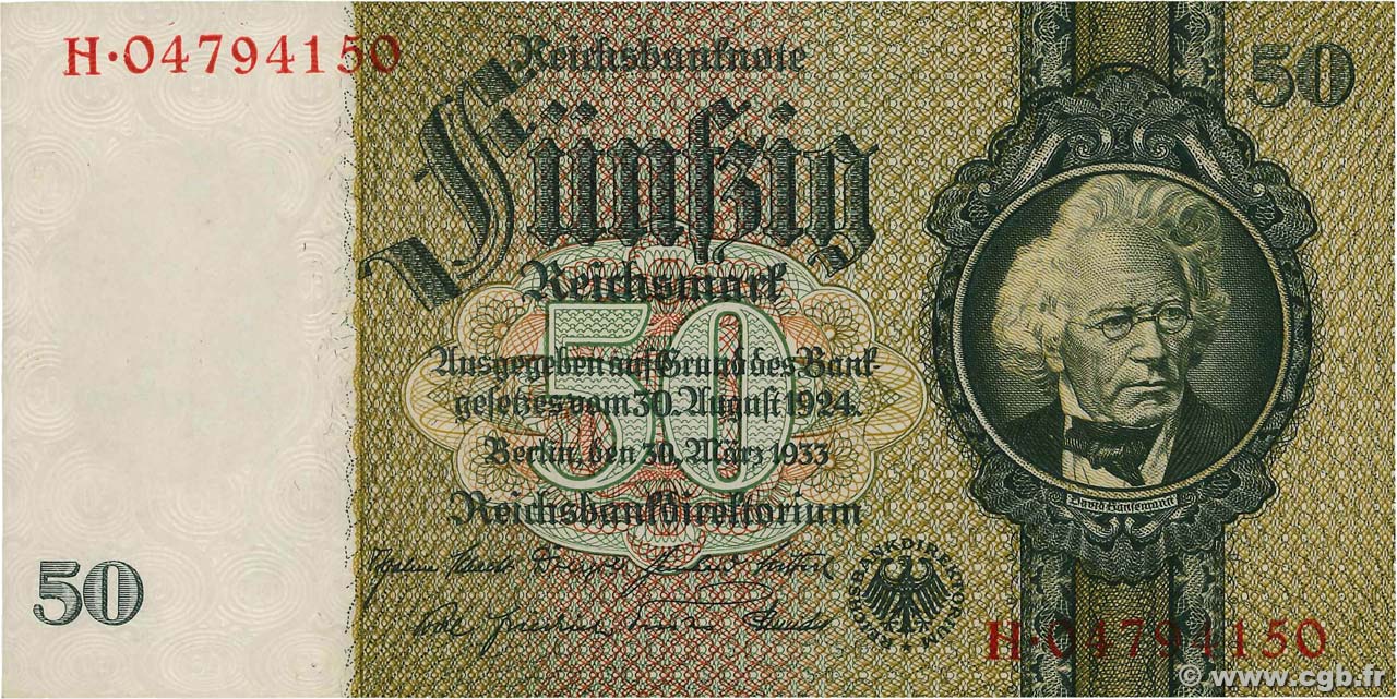 50 Reichsmark DEUTSCHLAND  1933 P.182b fST