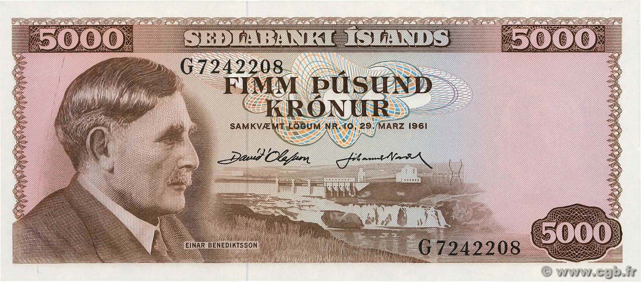 5000 Kronur ICELAND  1961 P.47a UNC-