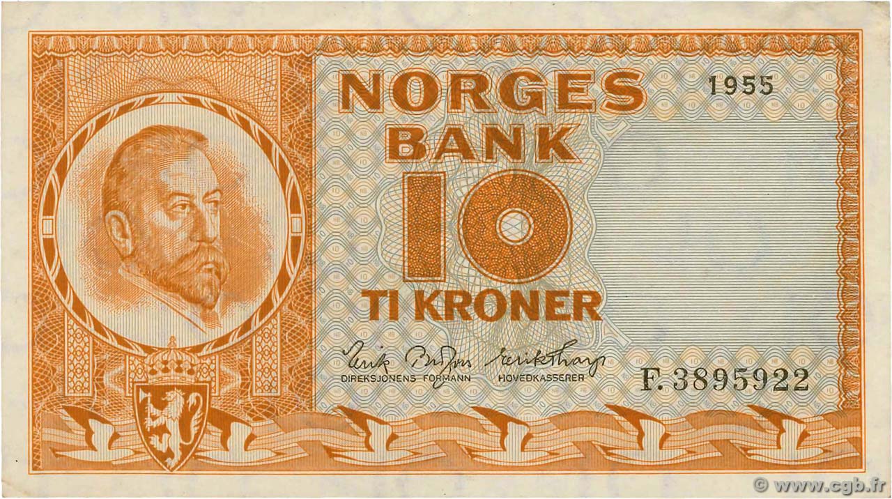 10 Kroner NORVÈGE  1955 P.31b1 VF+