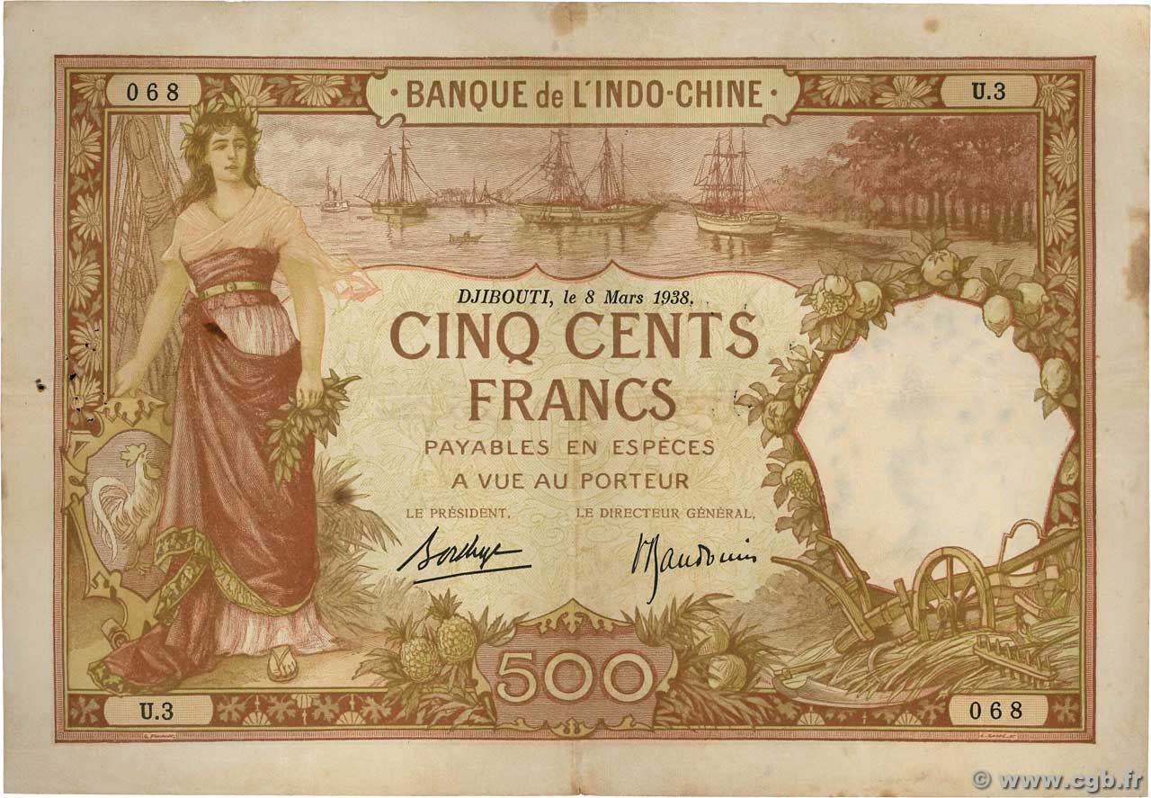 500 Francs DJIBOUTI  1938 P.09b pr.TTB
