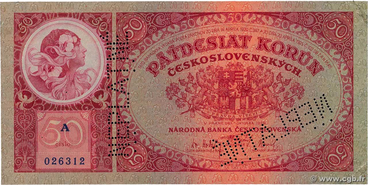 50 Korun Spécimen CZECHOSLOVAKIA  1929 P.022s XF