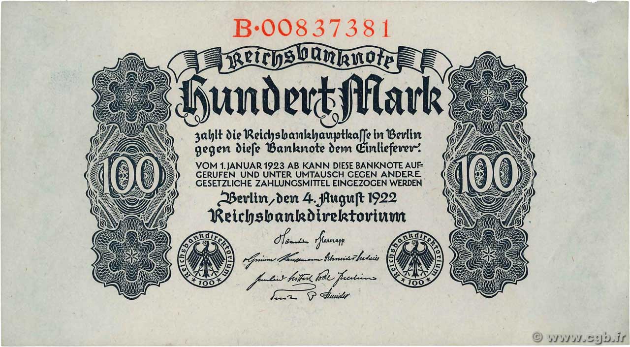 100 Mark DEUTSCHLAND  1922 P.075 fST