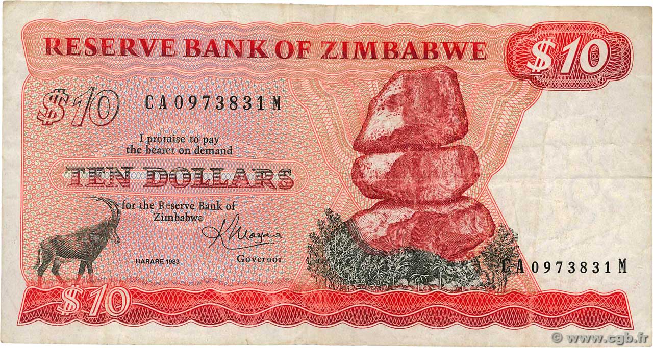 10 Dollars ZIMBABWE  1983 P.03d F