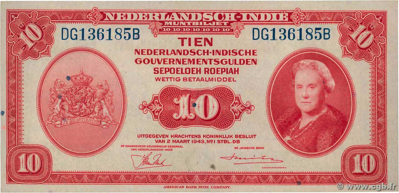 10 Gulden INDES NEERLANDAISES  1943 P.114a NEUF