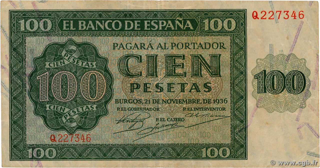 100 Pesetas SPAGNA  1936 P.101 BB