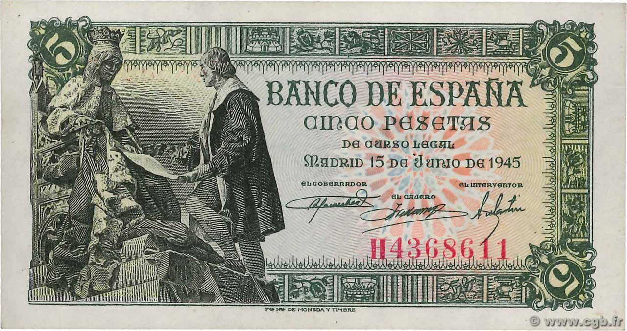 5 Pesetas ESPAÑA  1945 P.129a EBC
