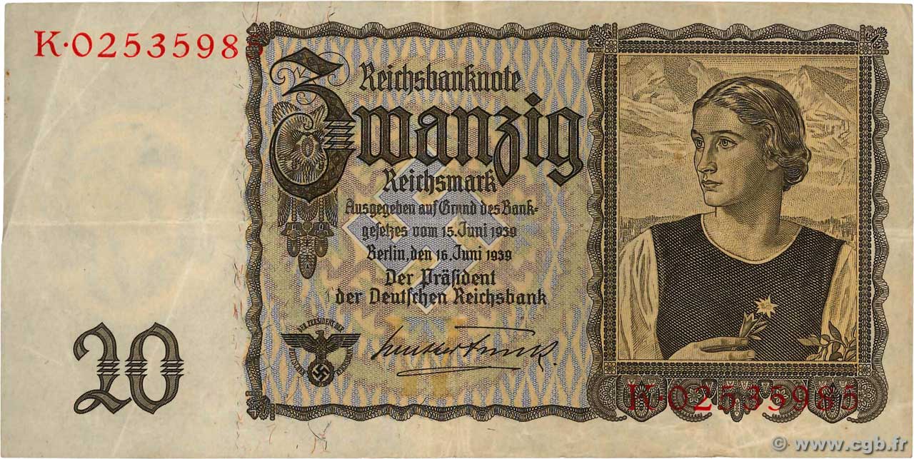 20 Reichsmark ALEMANIA  1939 P.185 MBC