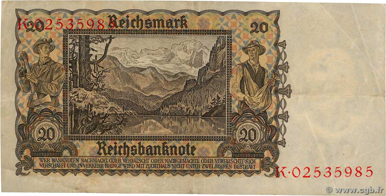 ALLEMAGNE - REICHSBANKNOTE - Billet de 20 Reichsmark - Femme autrichienne - 1939 – P185
