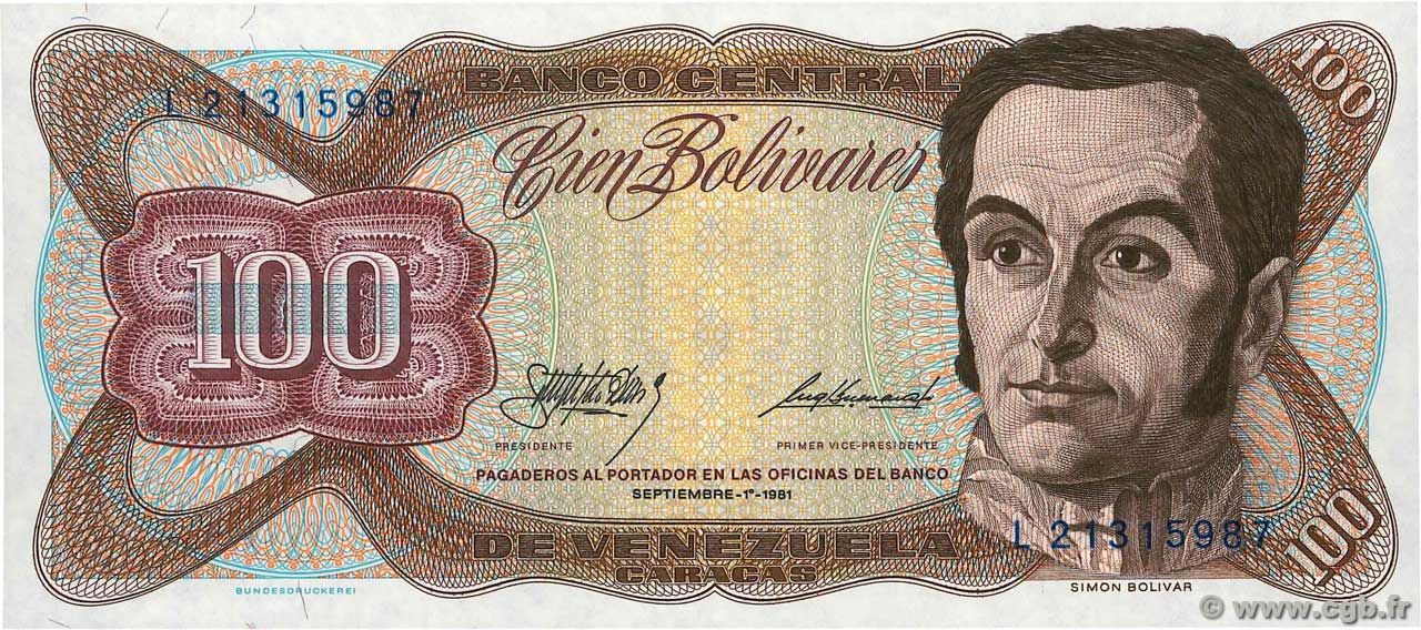 100 Bolivares VENEZUELA  1981 P.055g FDC