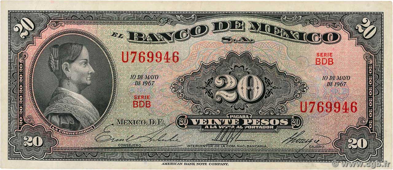 20 Pesos MEXICO  1967 P.054m fST