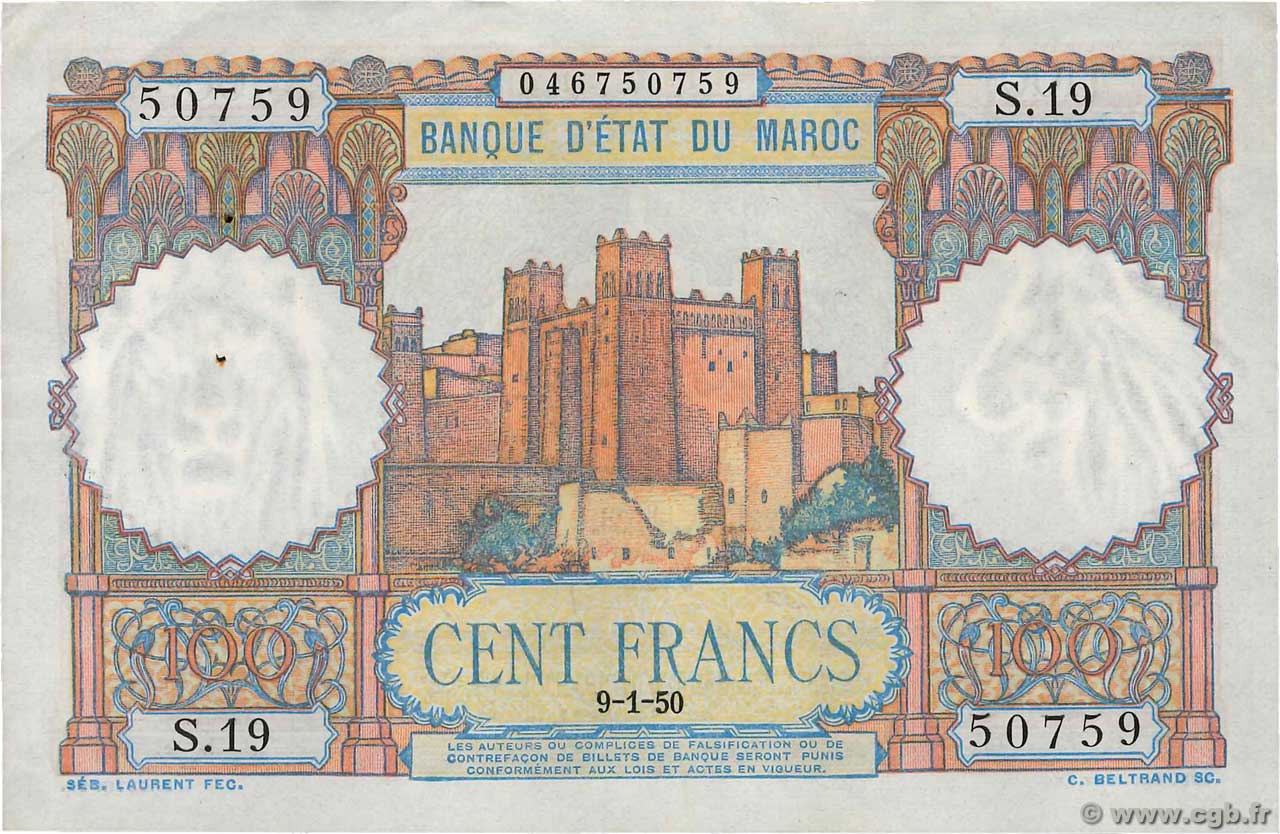100 Francs MOROCCO  1950 P.45 XF-
