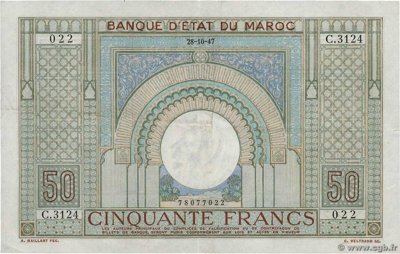 50 Francs MAROKKO  1947 P.21 fVZ