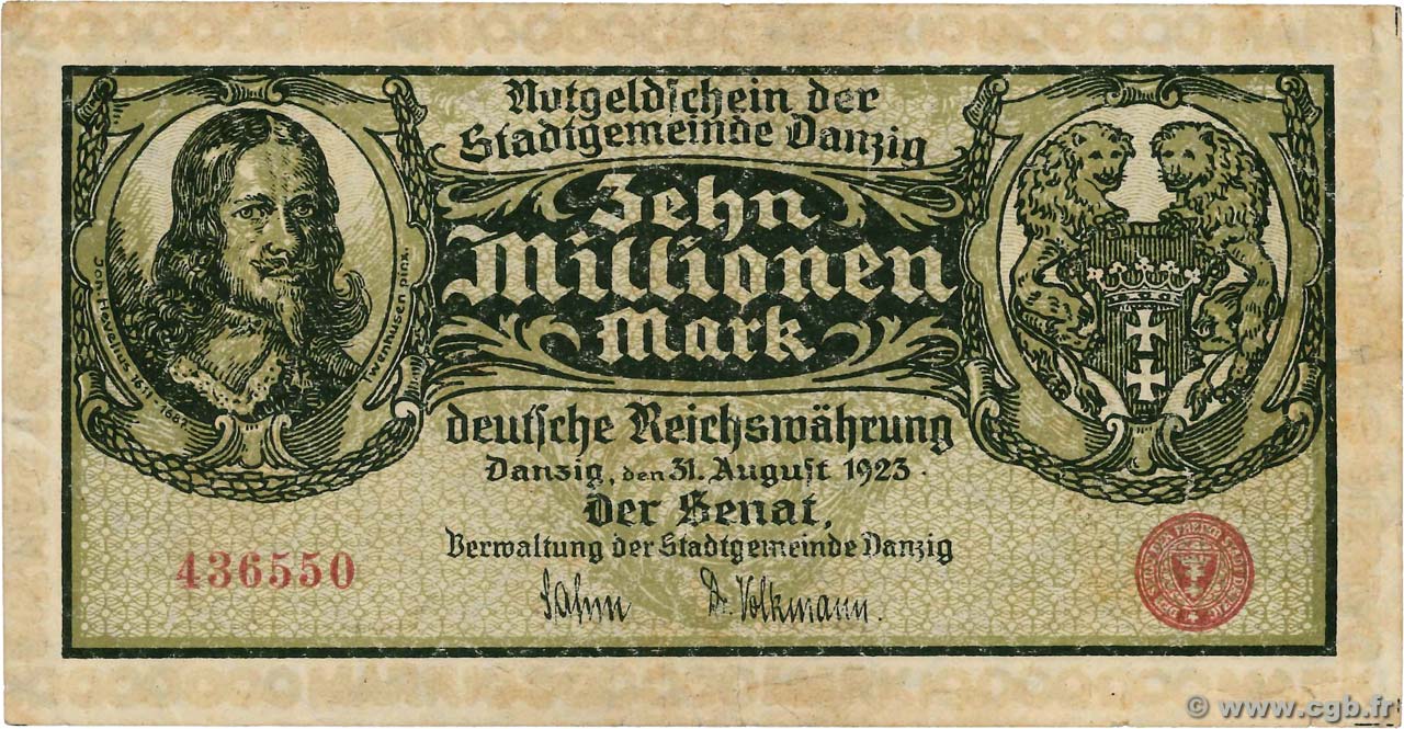 10 Millionen Mark DANTZIG  1923 P.25b VF