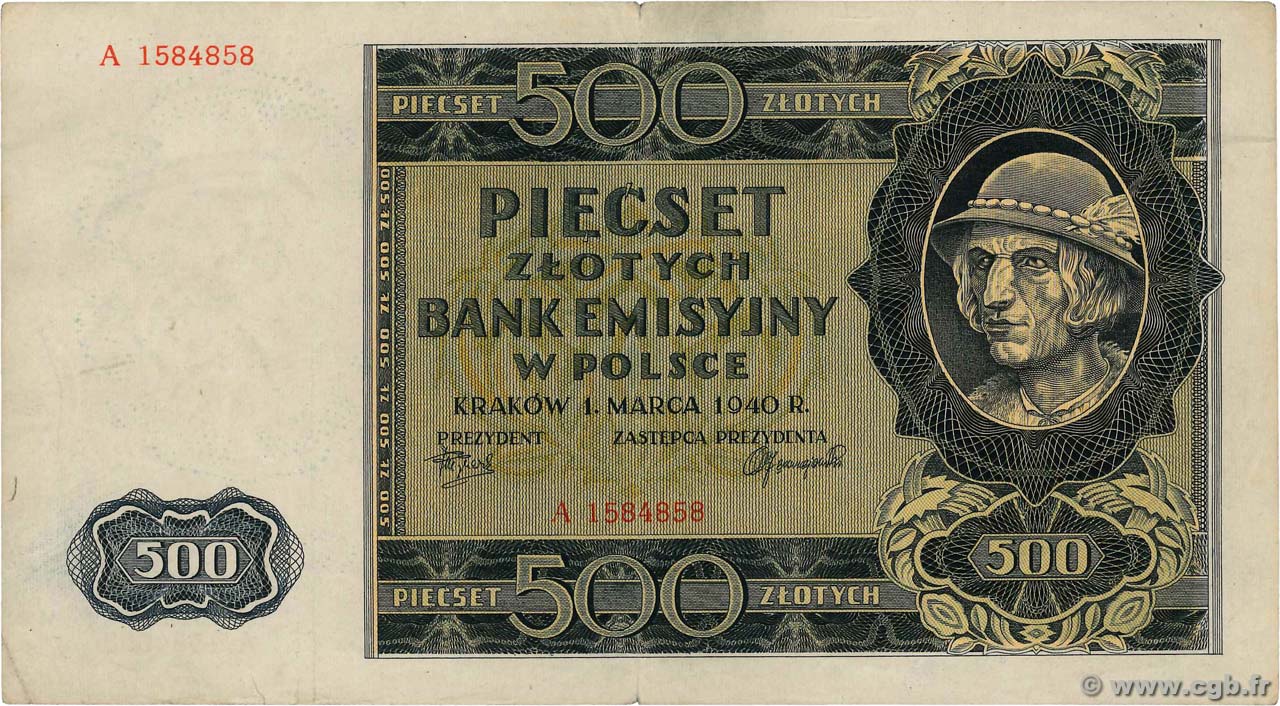 500 Zlotych POLAND  1940 P.098 VF