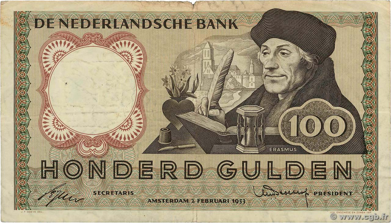 100 Gulden NETHERLANDS  1953 P.088 F