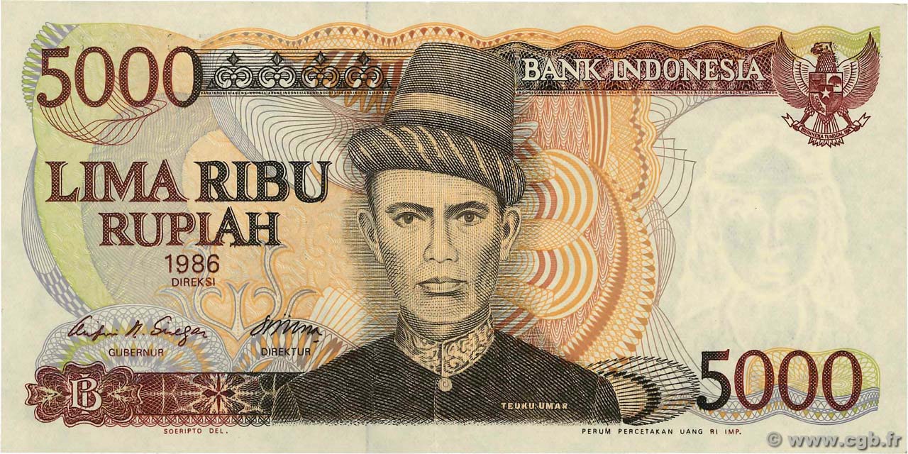 5000 Rupiah INDONESIA  1986 P.125a XF+
