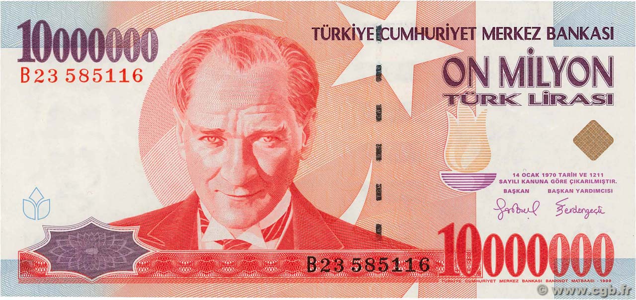 10000000 Lira TÜRKEI  1999 P.214 fST