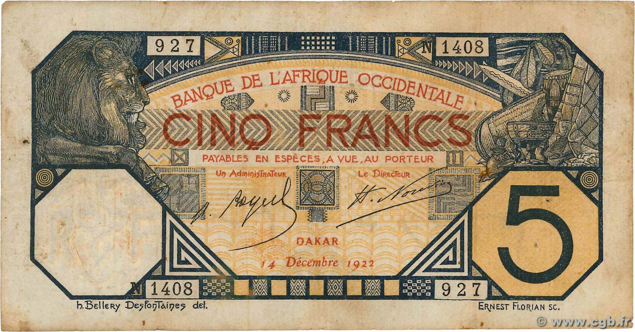 5 Francs DAKAR FRENCH WEST AFRICA Dakar 1922 P.05Bb MB