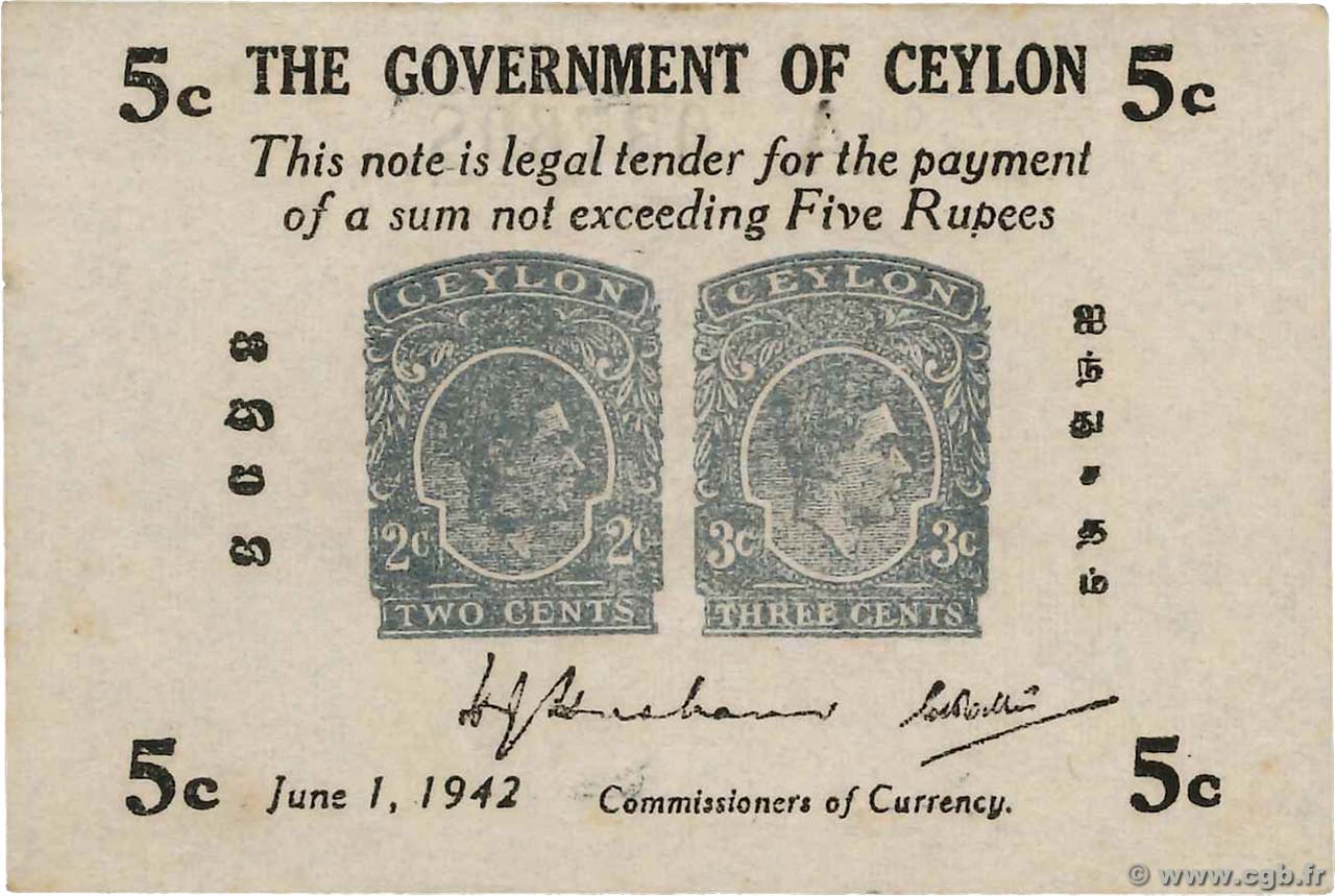 5 Cents CEYLON  1942 P.042a fST