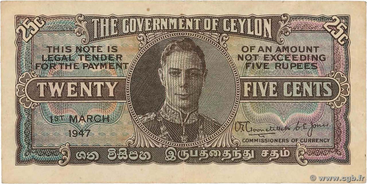 25 Cents CEYLON  1947 P.044b VF