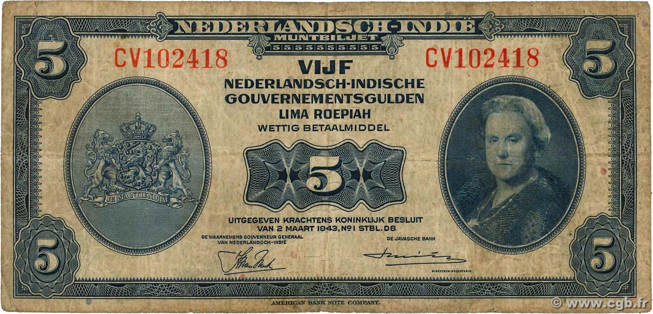 5 Gulden NIEDERLÄNDISCH-INDIEN  1943 P.113a fS