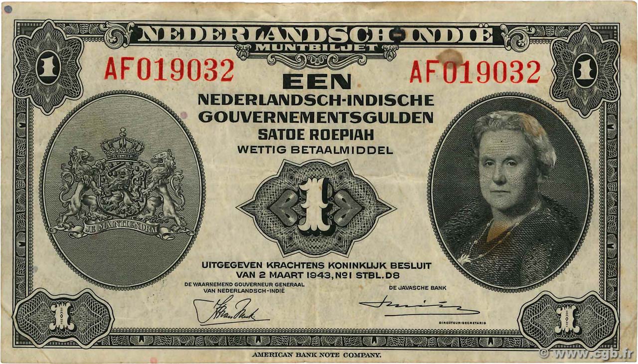 1 Gulden INDIAS NEERLANDESAS  1943 P.111a BC