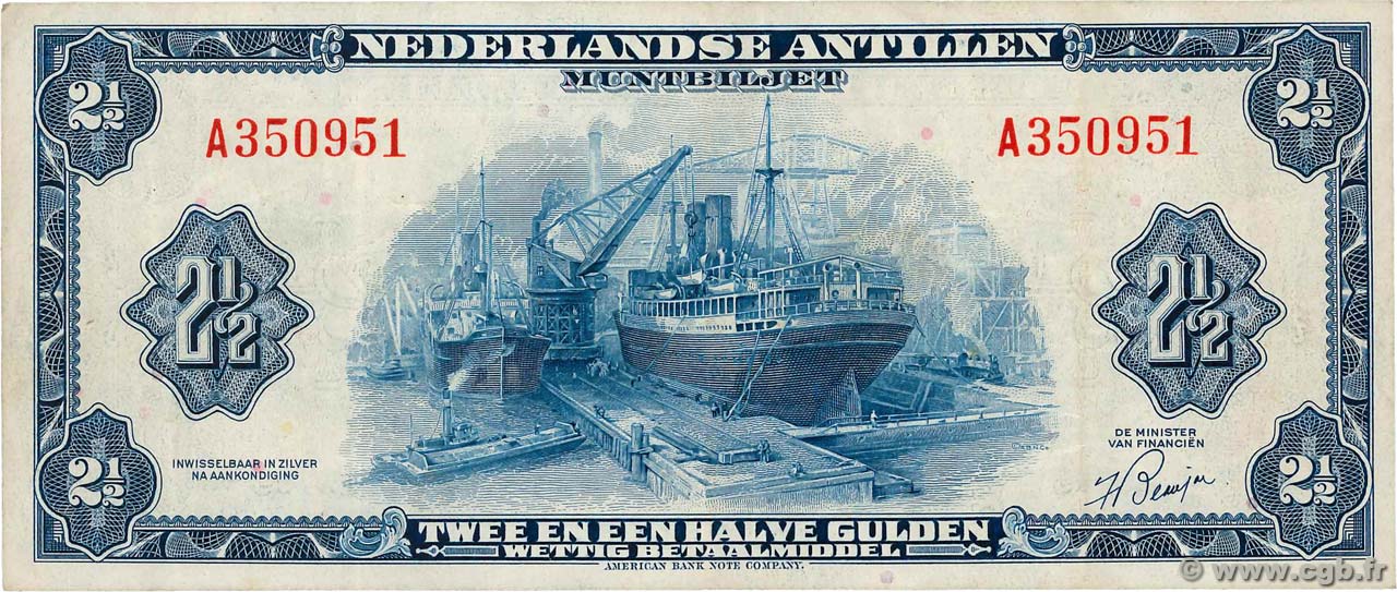 2,5 Gulden ANTILLES NÉERLANDAISES  1955 P.A01a TTB