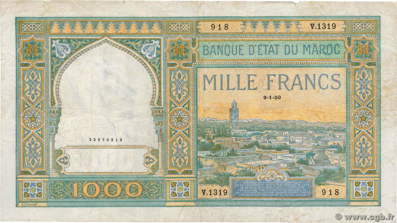1000 Francs MOROCCO  1950 P.16c F+